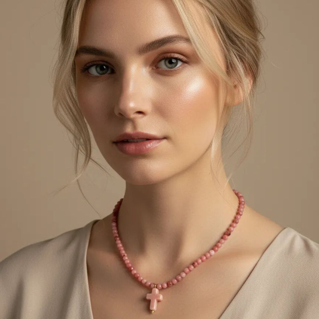 Collar con cuentas de cristal y cruz de cerámica –  Diseño Rosa bebé by Keka”