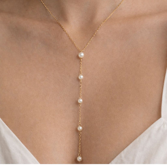 Collar Cadena Lariat Y Fino con Perlas Mini | Joyería Minimalista Dorada