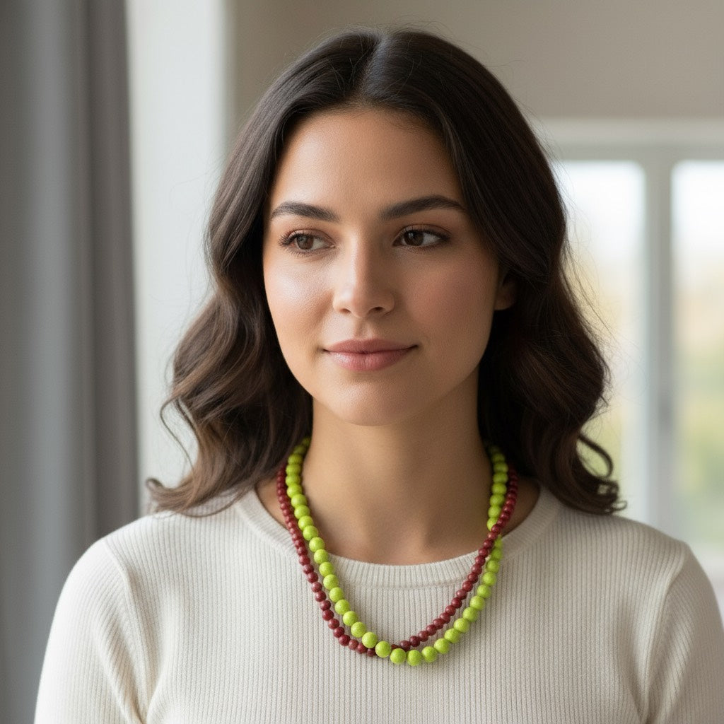 Collar bolas medianas rojo nacarado. Elegante y versátil.