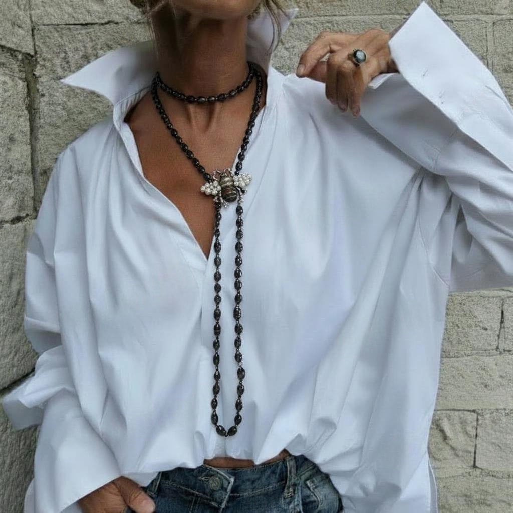 Collar Largo de Perlas de Río Naturales (Estilo Barroco) - Blanco y Negro