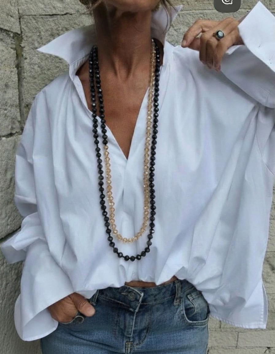 Collar Cadena Larga de Cristal Facetado - Brillo y Versatilidad (Beige y Negro)