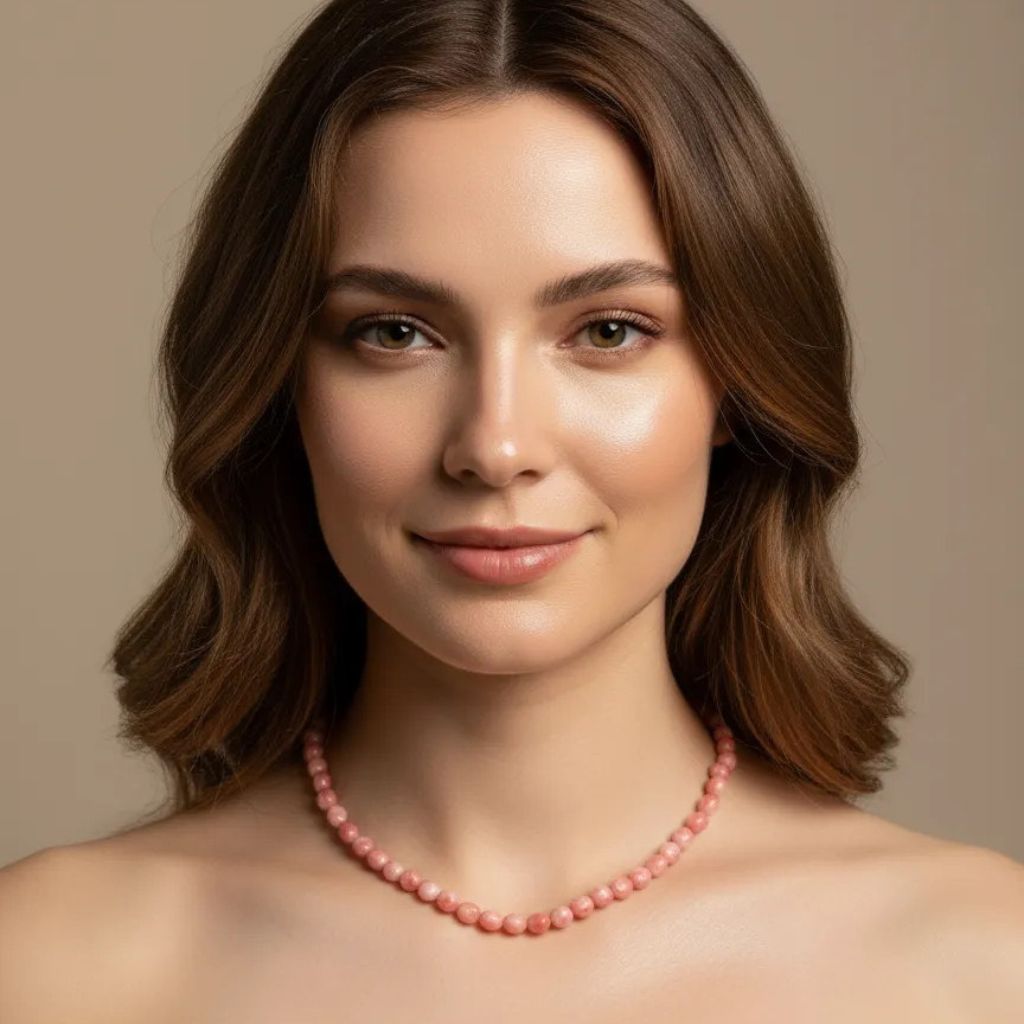 Collar de cuentas de coral rosa destonificado. Diseño romántico y chic