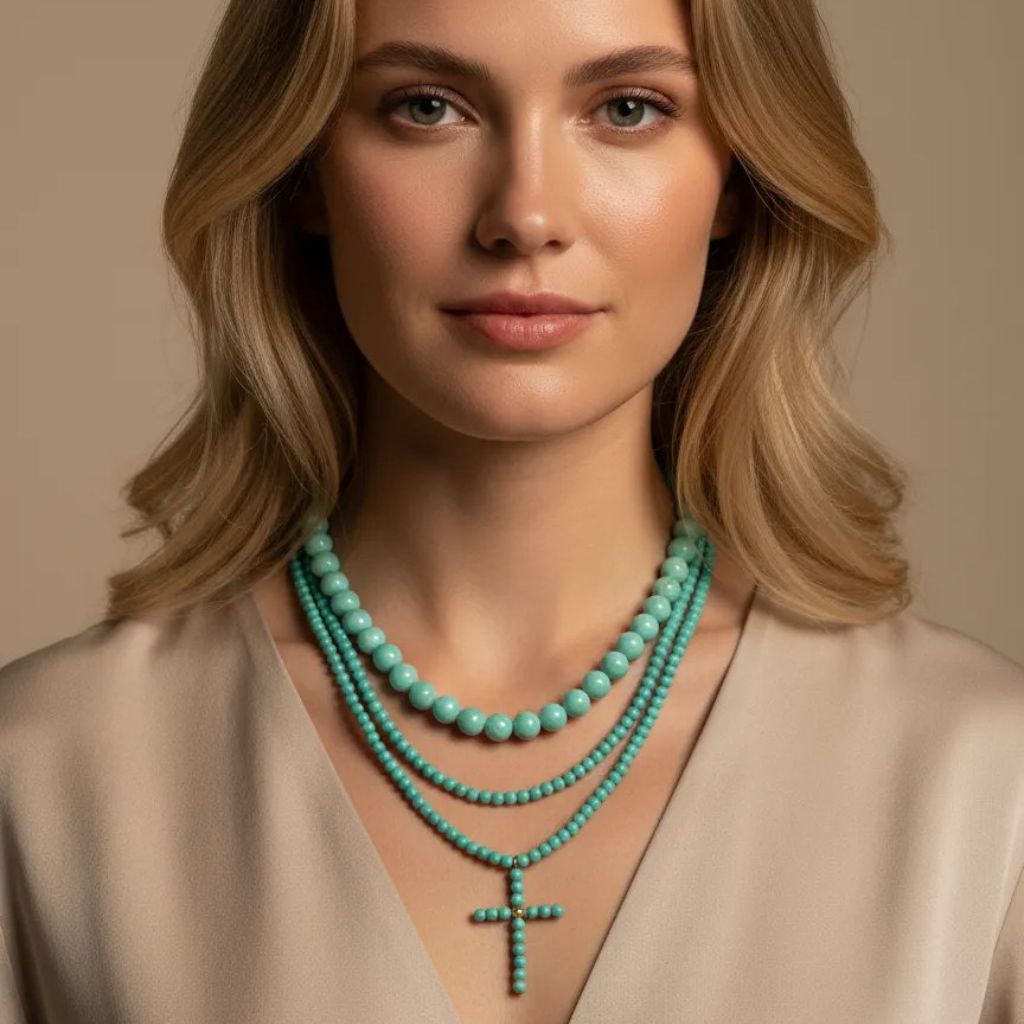 Collar con cruz de cuentas redondas de 3 mm en turquesa – diseño delicado y versátil
